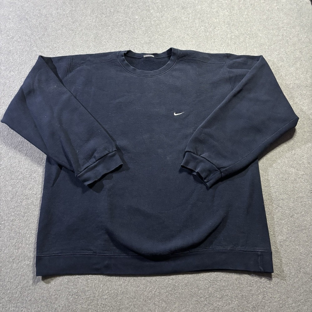 Vintage 90s Nike Center Mini Swoosh Crewneck Sweatshirt Navy Blue Mens XL/2XL